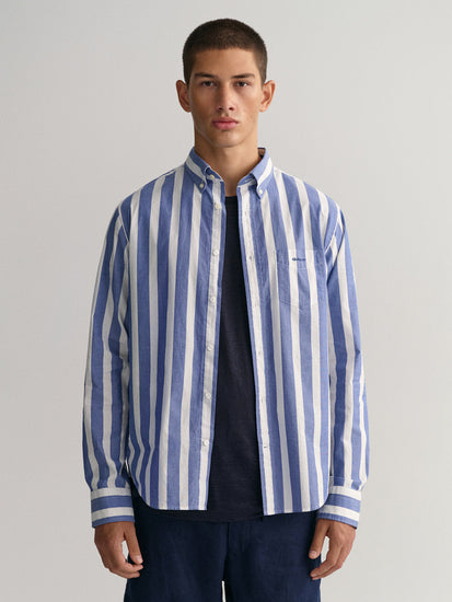 Gant Blue Untucked Wide Broadcloth Striped Regular Fit Shirt