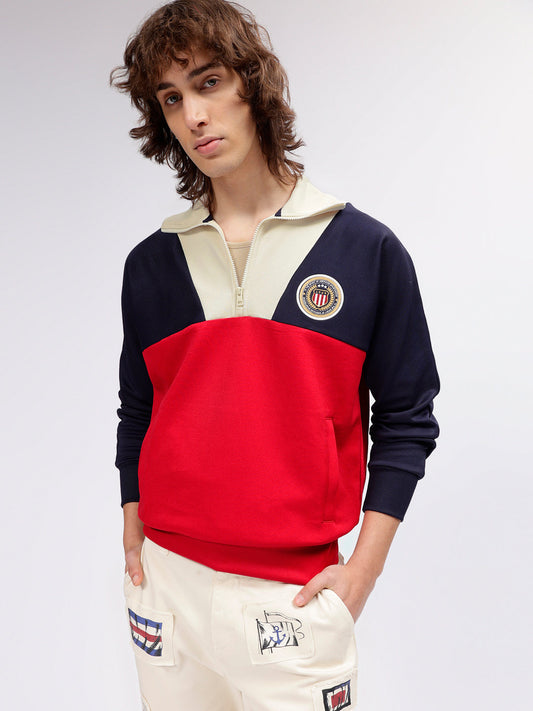 Gant Men Blue Colour blocked Spread Collar Full Sleeves Sweatshirt