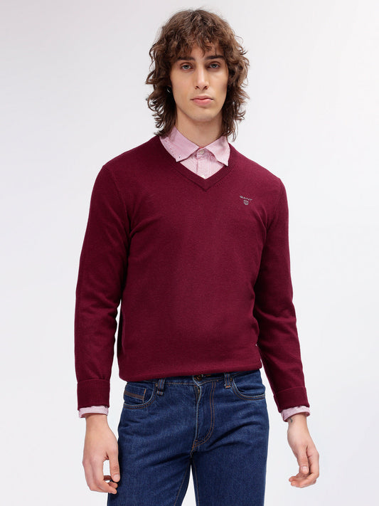 Gant Men Red Solid V Neck Full Sleeves Sweater