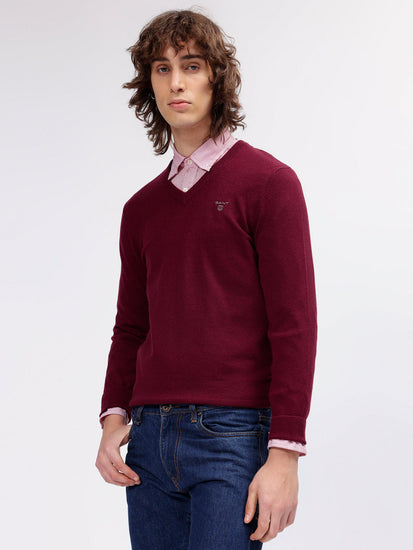 Gant Men Red Solid V Neck Full Sleeves Sweater