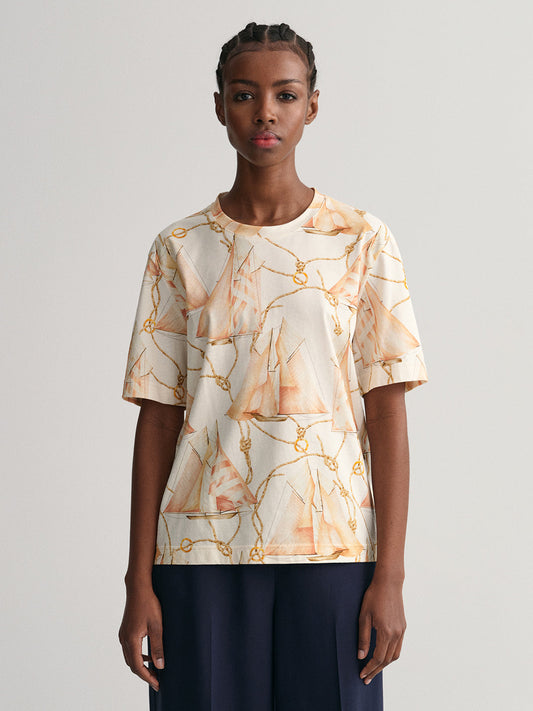 Gant Cream Preppy Printed Relaxed Fit T-Shirt