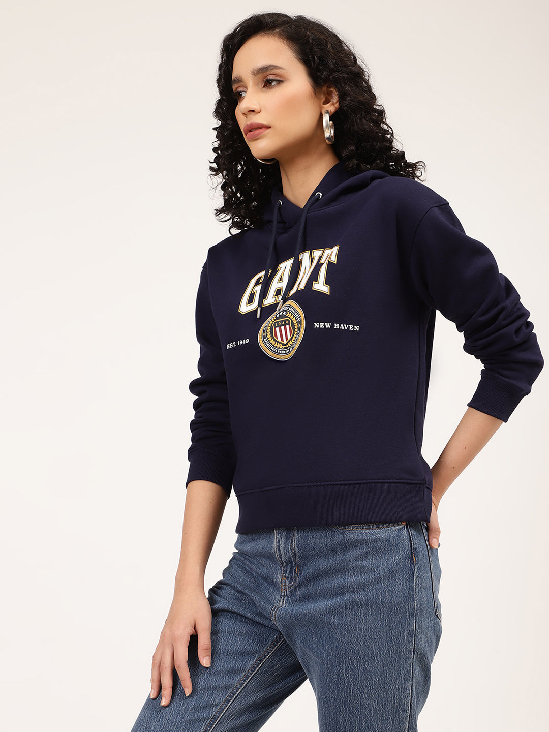 Gant Women Blue Printed Typography Hooded Sweatshirt