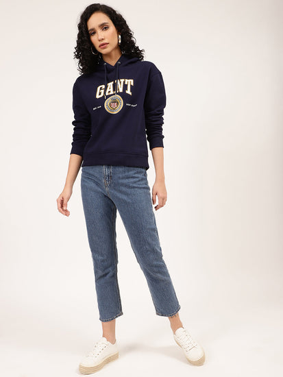 Gant Women Blue Printed Typography Hooded Sweatshirt