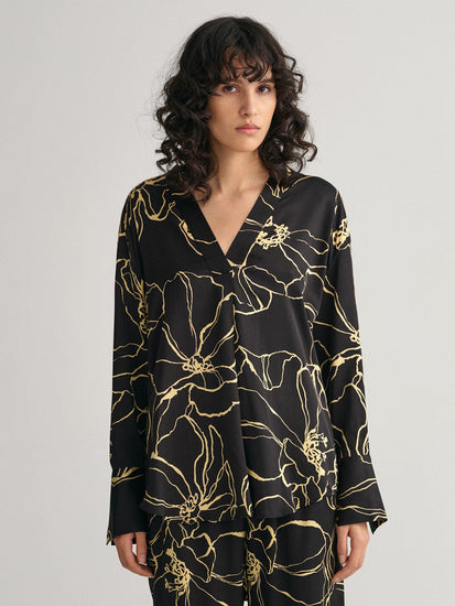 Gant Women Black Printed V-neck Full Sleeves Shirt