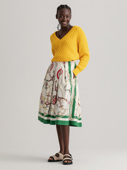Gant Women White  Green Printed Pure Cotton Flared Midi Pleated Skirt