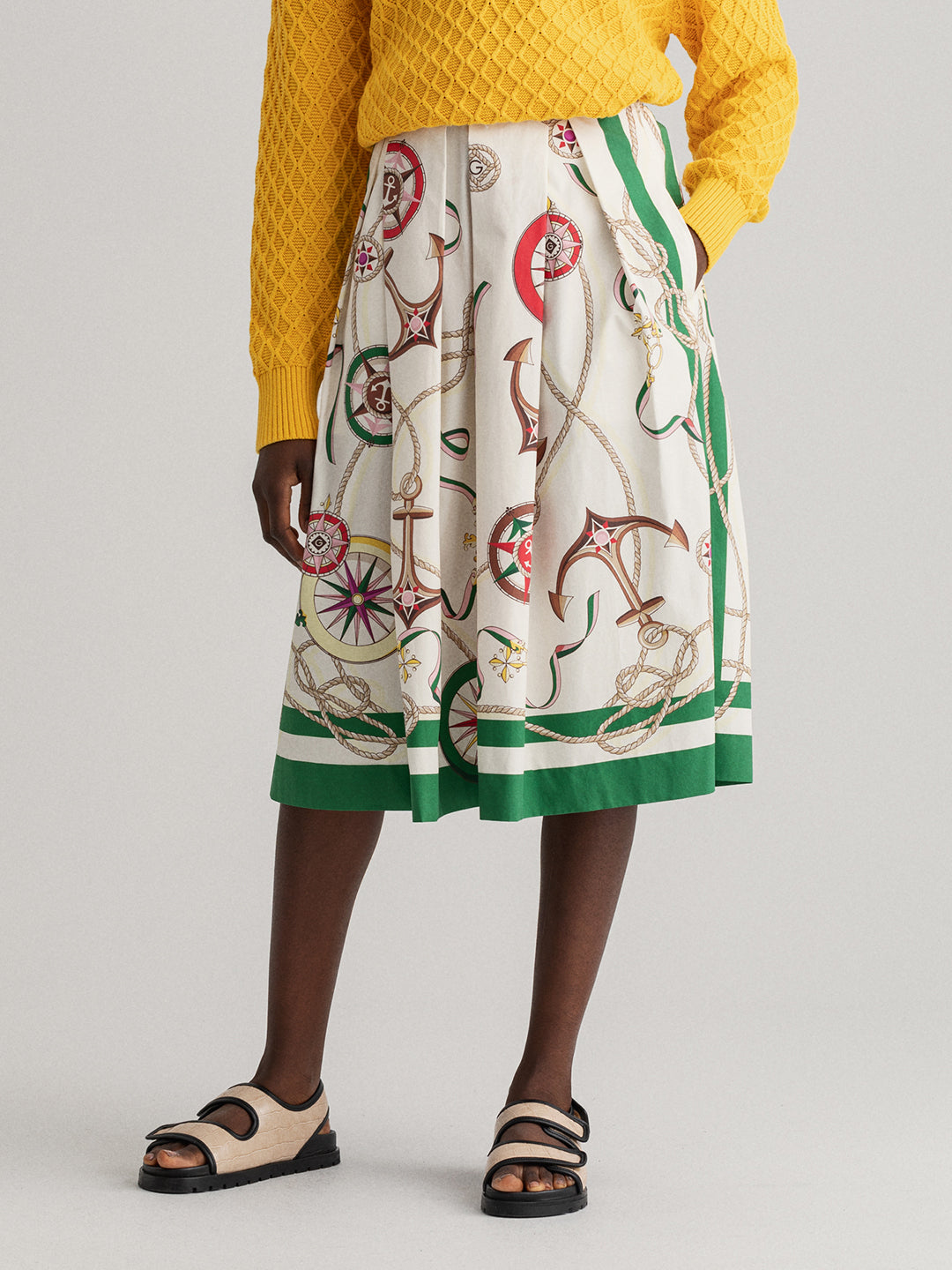Gant Women White  Green Printed Pure Cotton Flared Midi Pleated Skirt