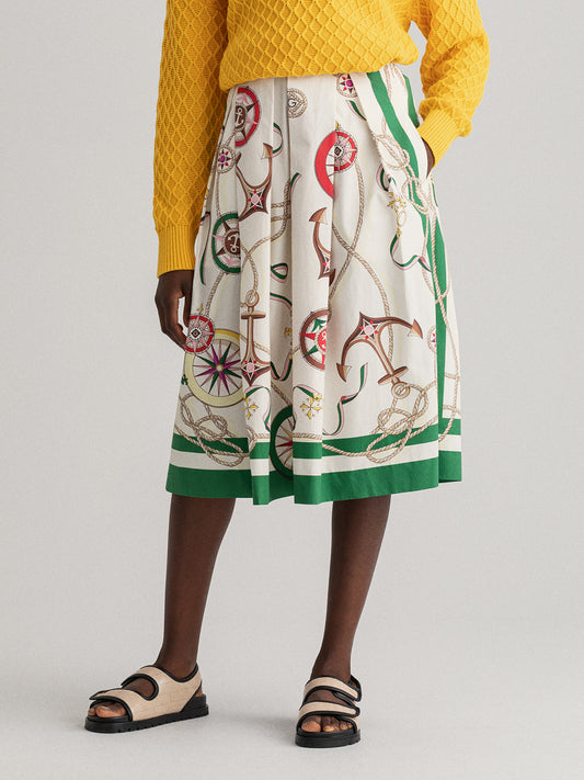 Gant Women White  Green Printed Pure Cotton Flared Midi Pleated Skirt