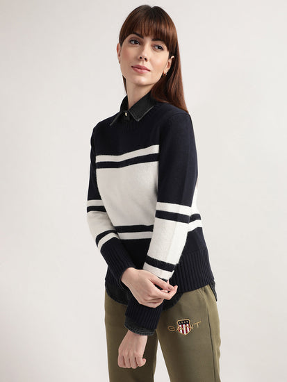 Gant Women Navy Blue  White Colourblocked Wool Pullover