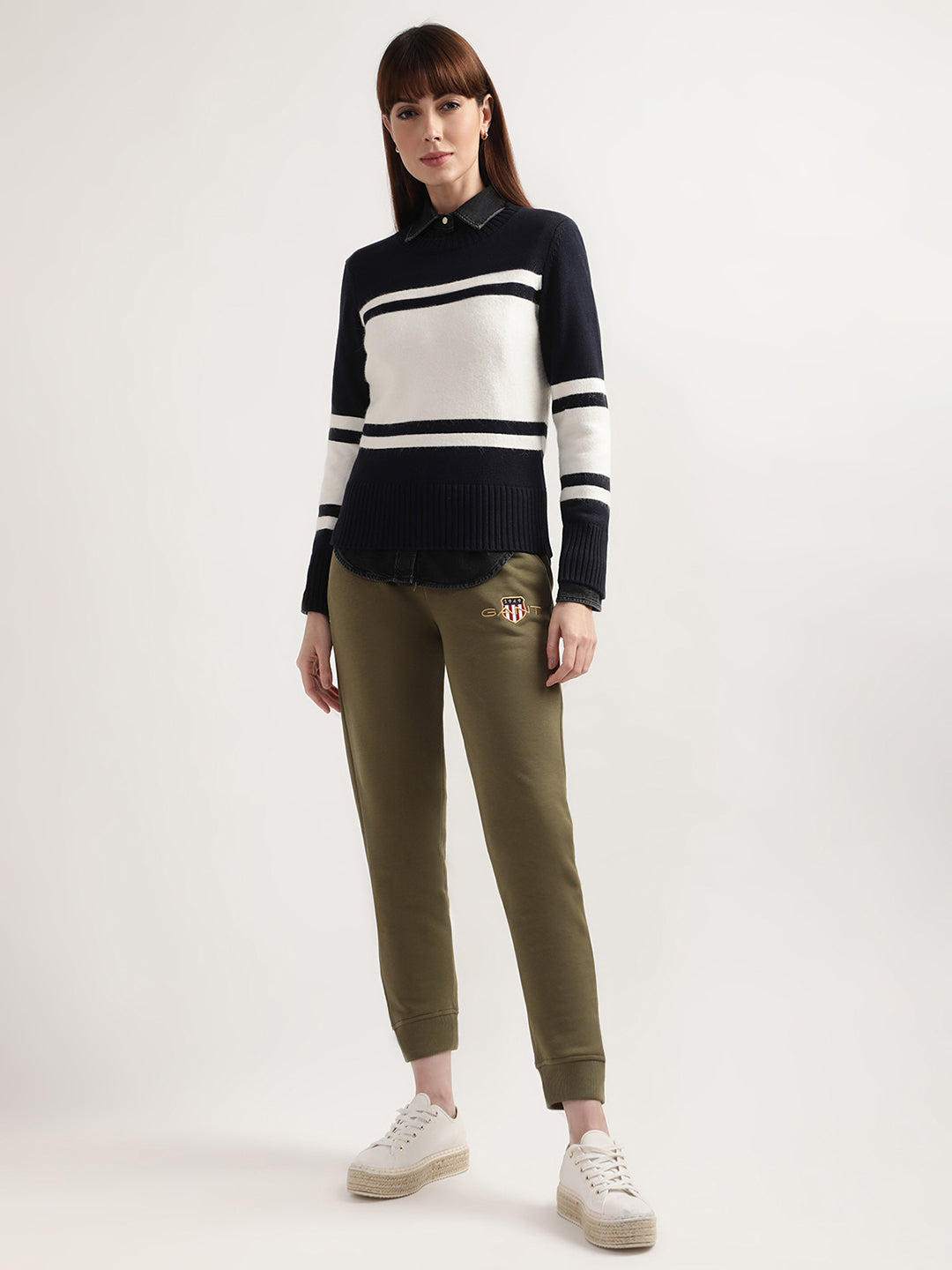 Gant Women Navy Blue  White Colourblocked Wool Pullover