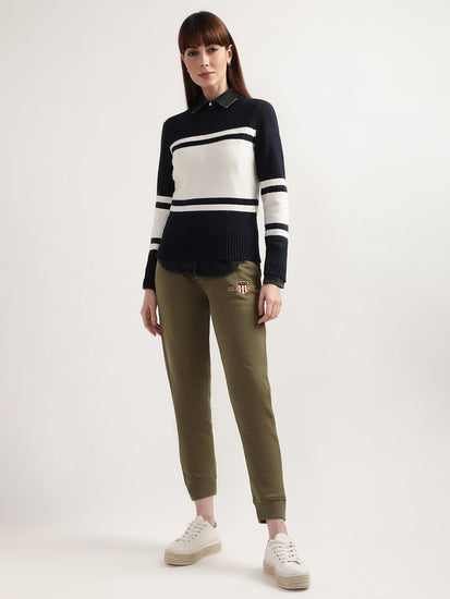 Gant Women Navy Blue  White Colourblocked Wool Pullover