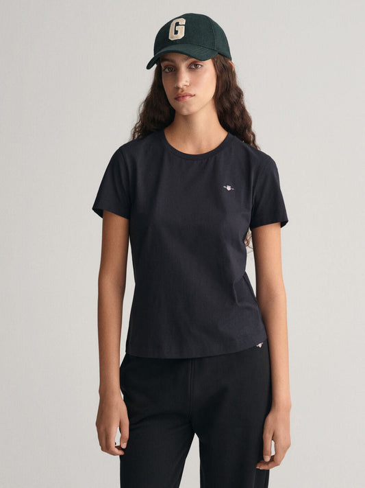 Gant Women Black Solid Round Neck Short Sleeves T-shirt