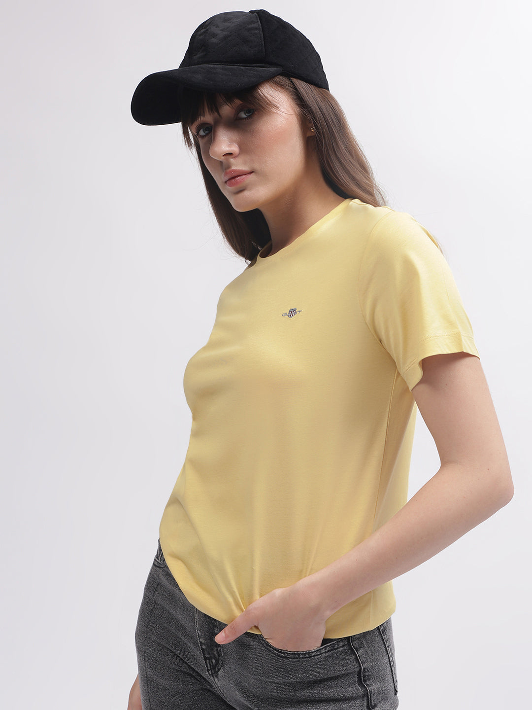 Gant Women Yellow Solid Round Neck Short Sleeves T-shirt