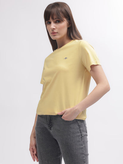 Gant Women Yellow Solid Round Neck Short Sleeves T-shirt