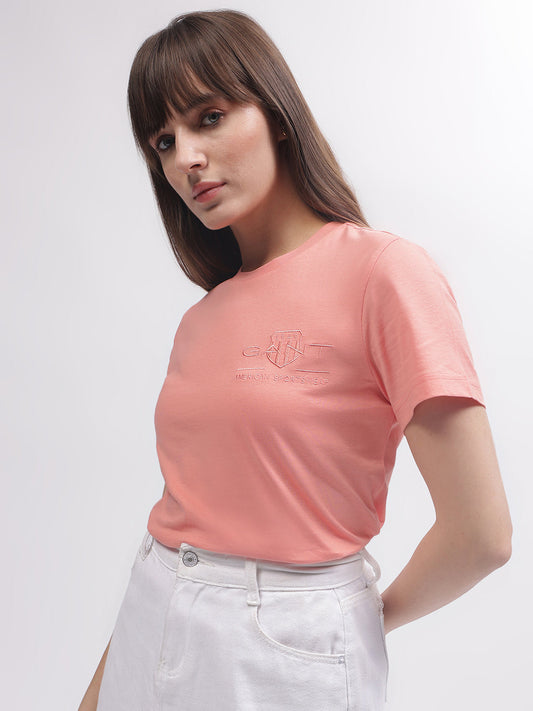 Gant Women Pink Solid Round Neck Short Sleeves T-shirt