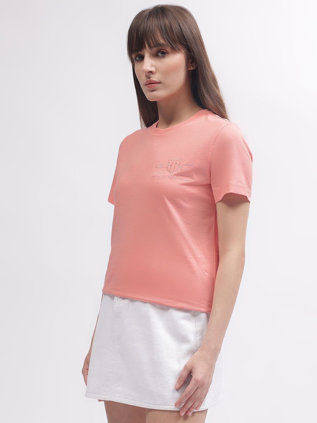 Gant Women Pink Solid Round Neck Short Sleeves T-shirt