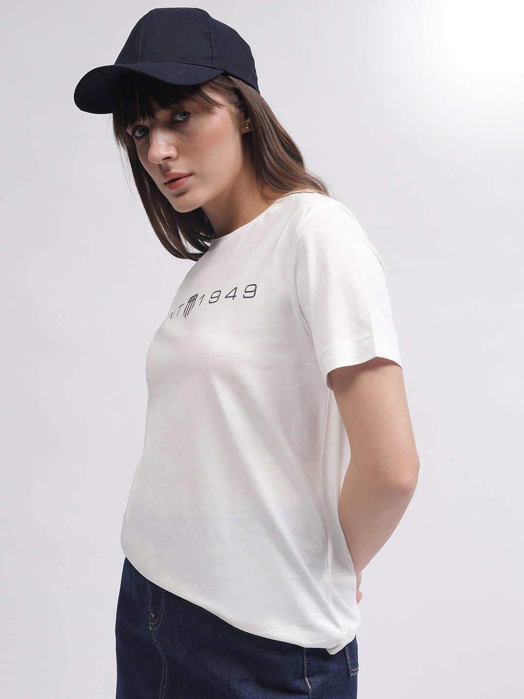 Gant Women White Solid Round Neck Short Sleeves T-shirt