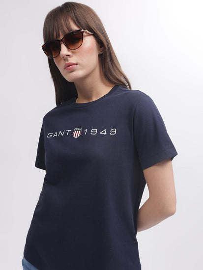 Gant Women Blue Solid Round Neck Short Sleeves T-shirt