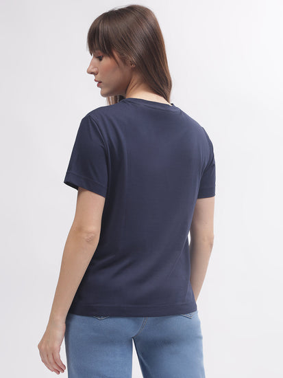 Gant Women Blue Solid Round Neck Short Sleeves T-shirt