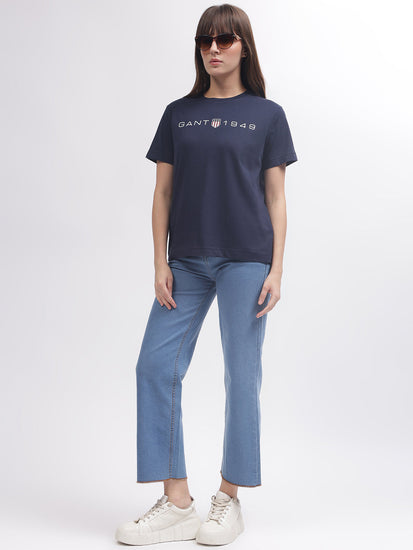 Gant Women Blue Solid Round Neck Short Sleeves T-shirt