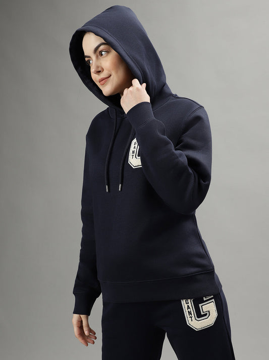 Gant Women Navy Blue Solid Hooded Long Sleeves Sweatshirts