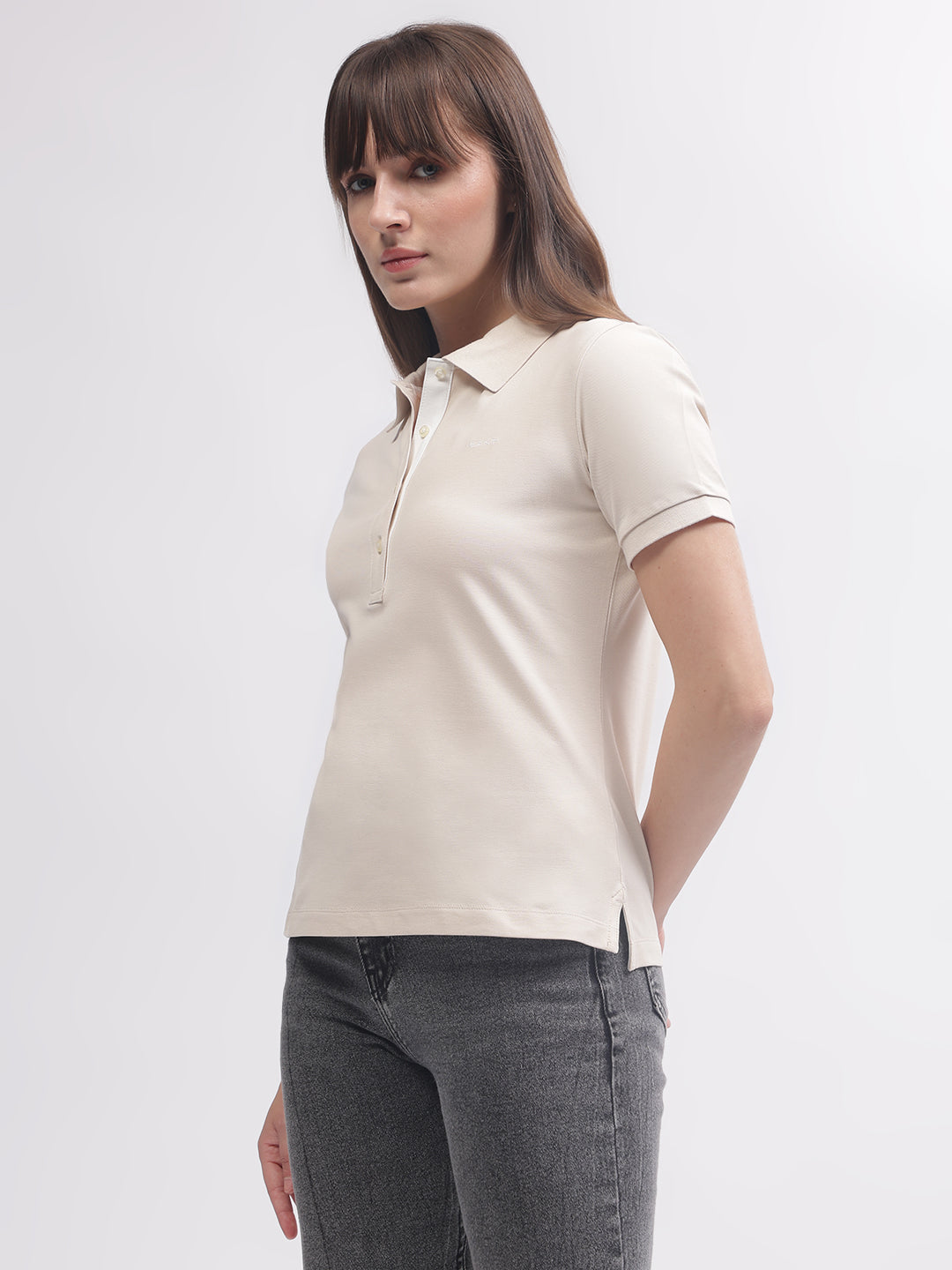 Gant Women Beige Solid Polo Short Sleeves T-shirt