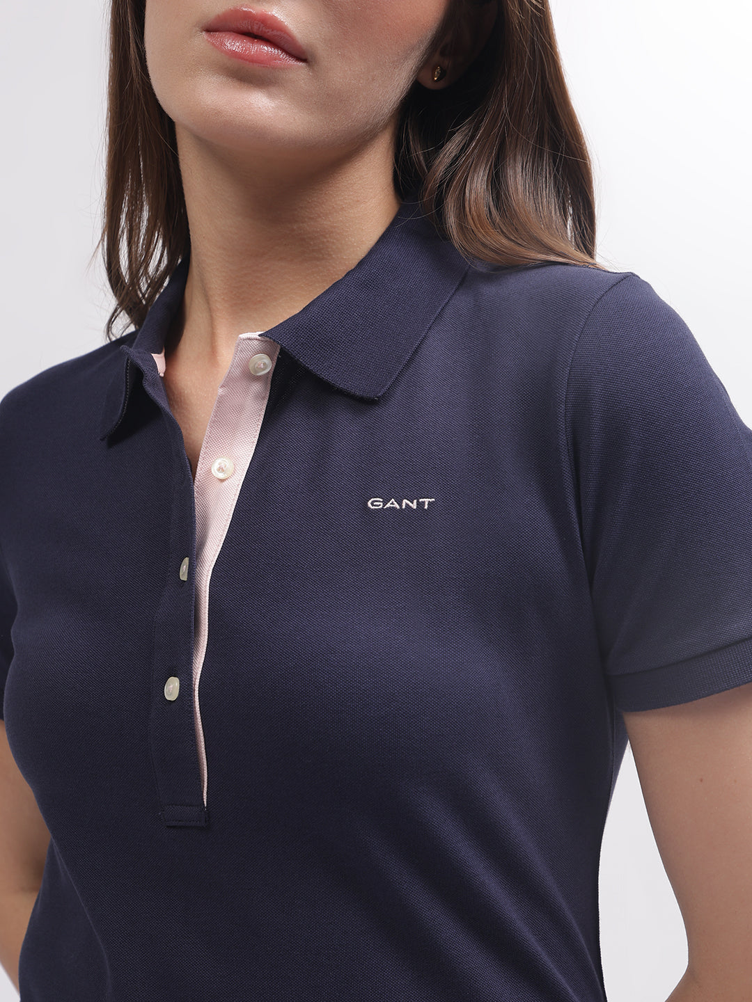 Gant Women Navy Blue Solid Polo Short Sleeves T-shirt