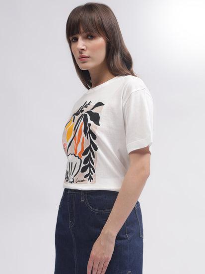 Gant Women White Printed Round Neck Short Sleeves T-shirt