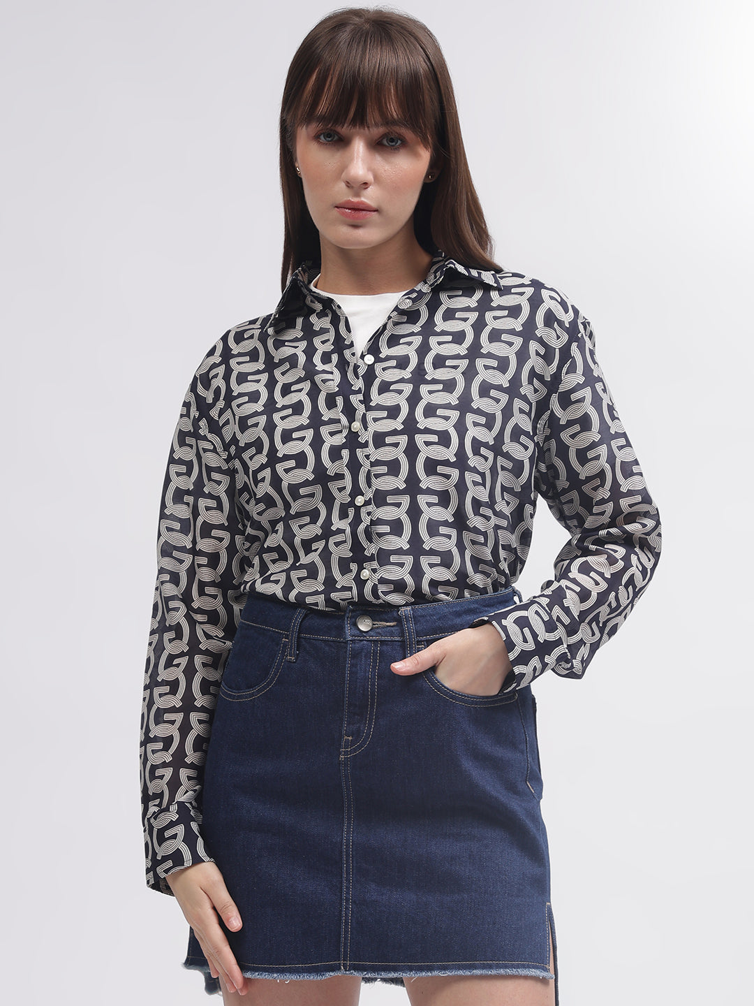 Gant Women Blue Printed Spread Collar Full Sleeves Shirt