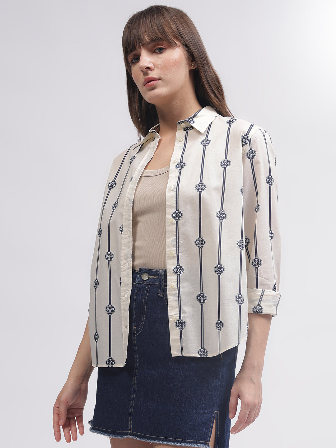 Gant Women White Printed Spread Collar Full Sleeves Shirt