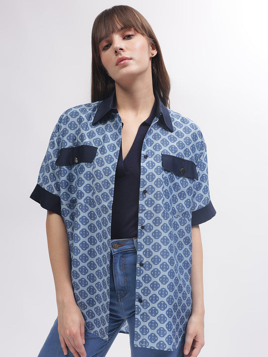 Gant Women Blue Printed Short Sleeves Shirt