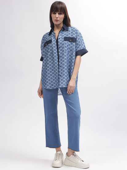 Gant Women Blue Printed Short Sleeves Shirt