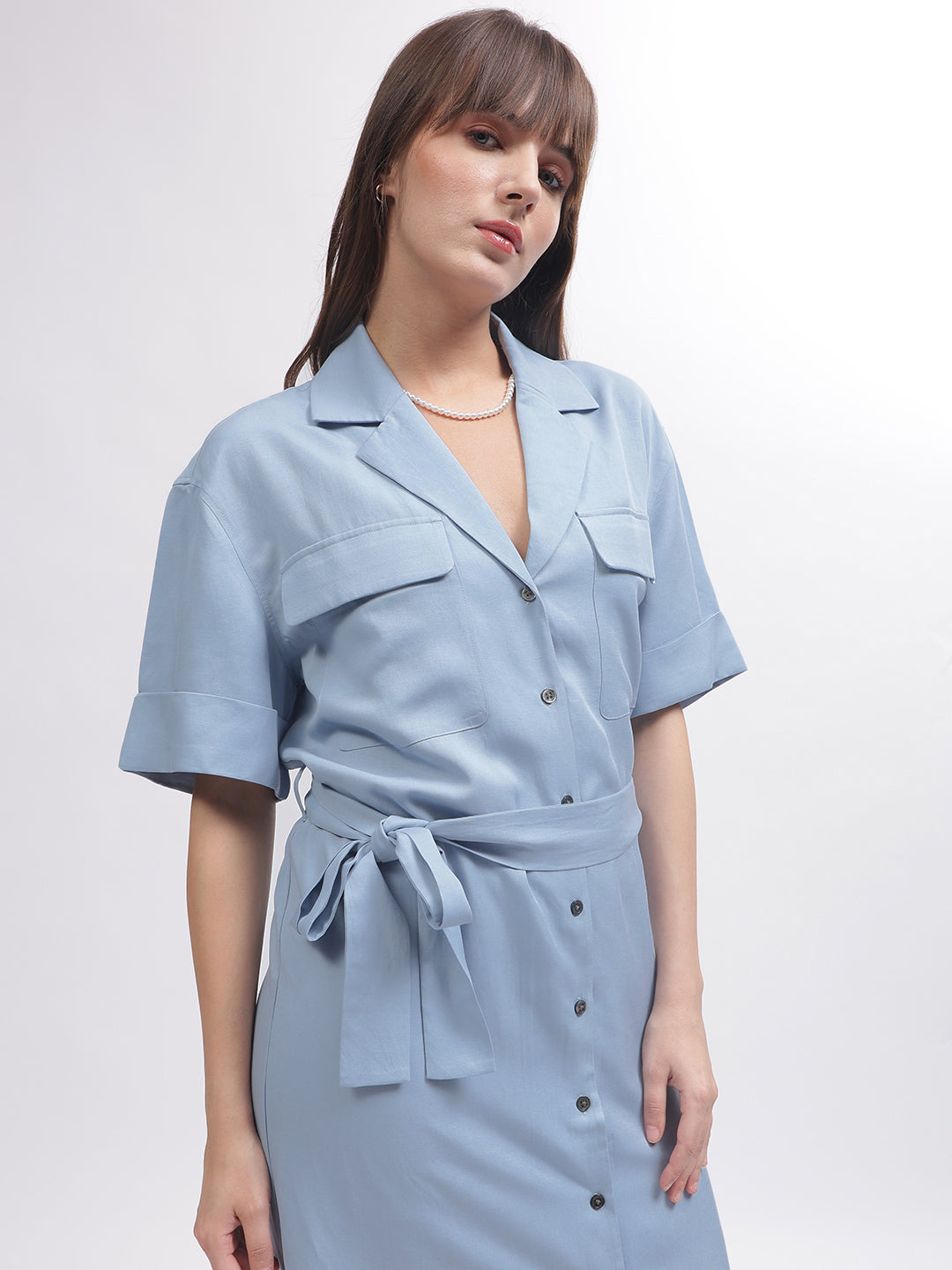 Gant Women Blue Solid Notched Lapel Short Sleeves Dress