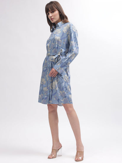 Gant Women Blue Printed Shirt Collar Full Sleeves Dress