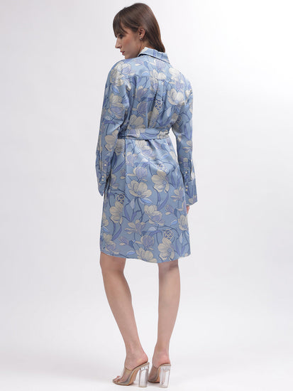 Gant Women Blue Printed Shirt Collar Full Sleeves Dress