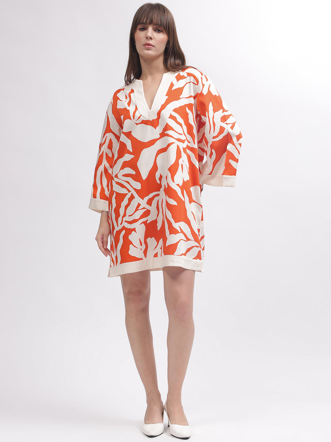 Gant Women Orange Printed V Neck 3/4th Sleeves Dress