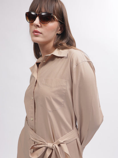 Gant Women Brown Solid Shirt Collar Full Sleeves Dress