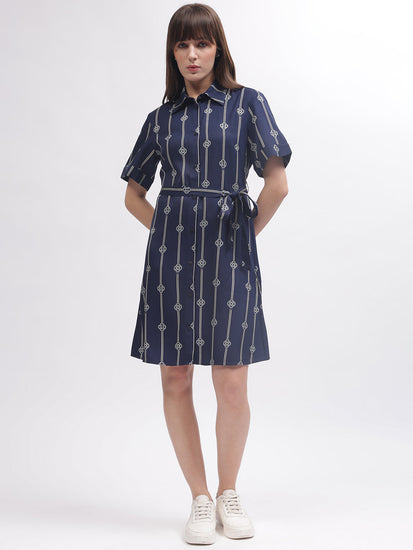 Gant Women Blue Printed Shirt Collar Short Sleeves Dress