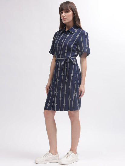 Gant Women Blue Printed Shirt Collar Short Sleeves Dress