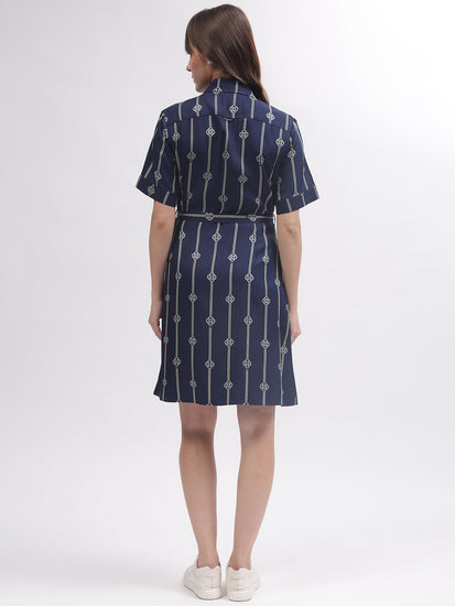 Gant Women Blue Printed Shirt Collar Short Sleeves Dress