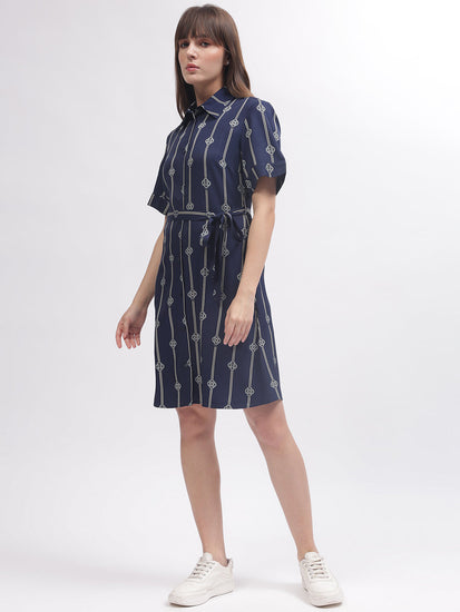 Gant Women Blue Printed Shirt Collar Short Sleeves Dress