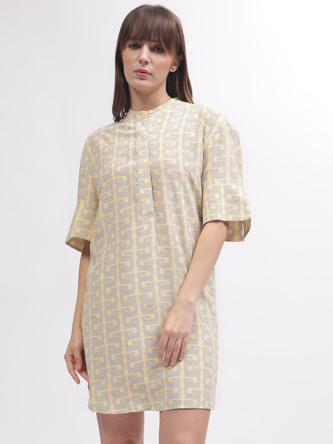 Gant Women Yellow Printed Band Collar Short Sleeves Dress