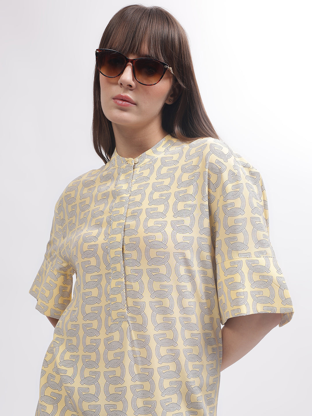 Gant Women Yellow Printed Band Collar Short Sleeves Dress