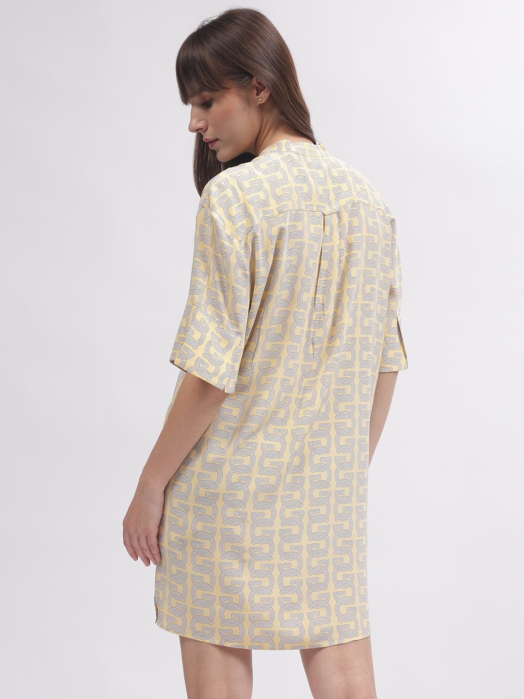 Gant Women Yellow Printed Band Collar Short Sleeves Dress