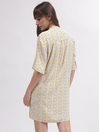 Gant Women Yellow Printed Band Collar Short Sleeves Dress