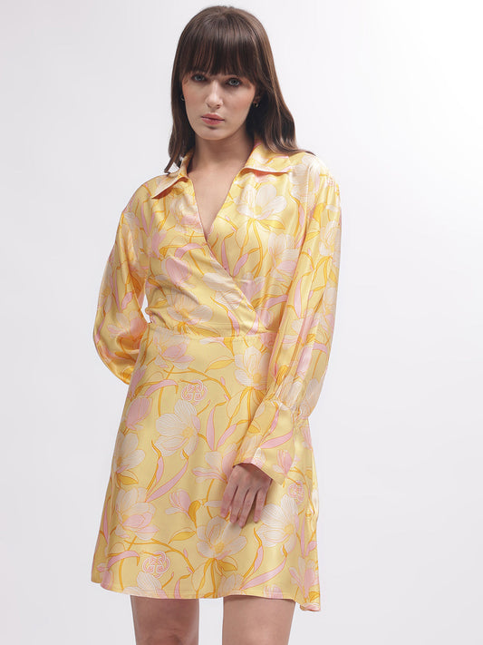 Gant Women Yellow Printed Shirt Collar Full Sleeves Dress