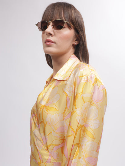 Gant Women Yellow Printed Shirt Collar Full Sleeves Dress