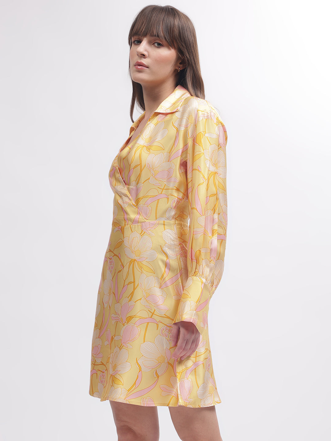 Gant Women Yellow Printed Shirt Collar Full Sleeves Dress