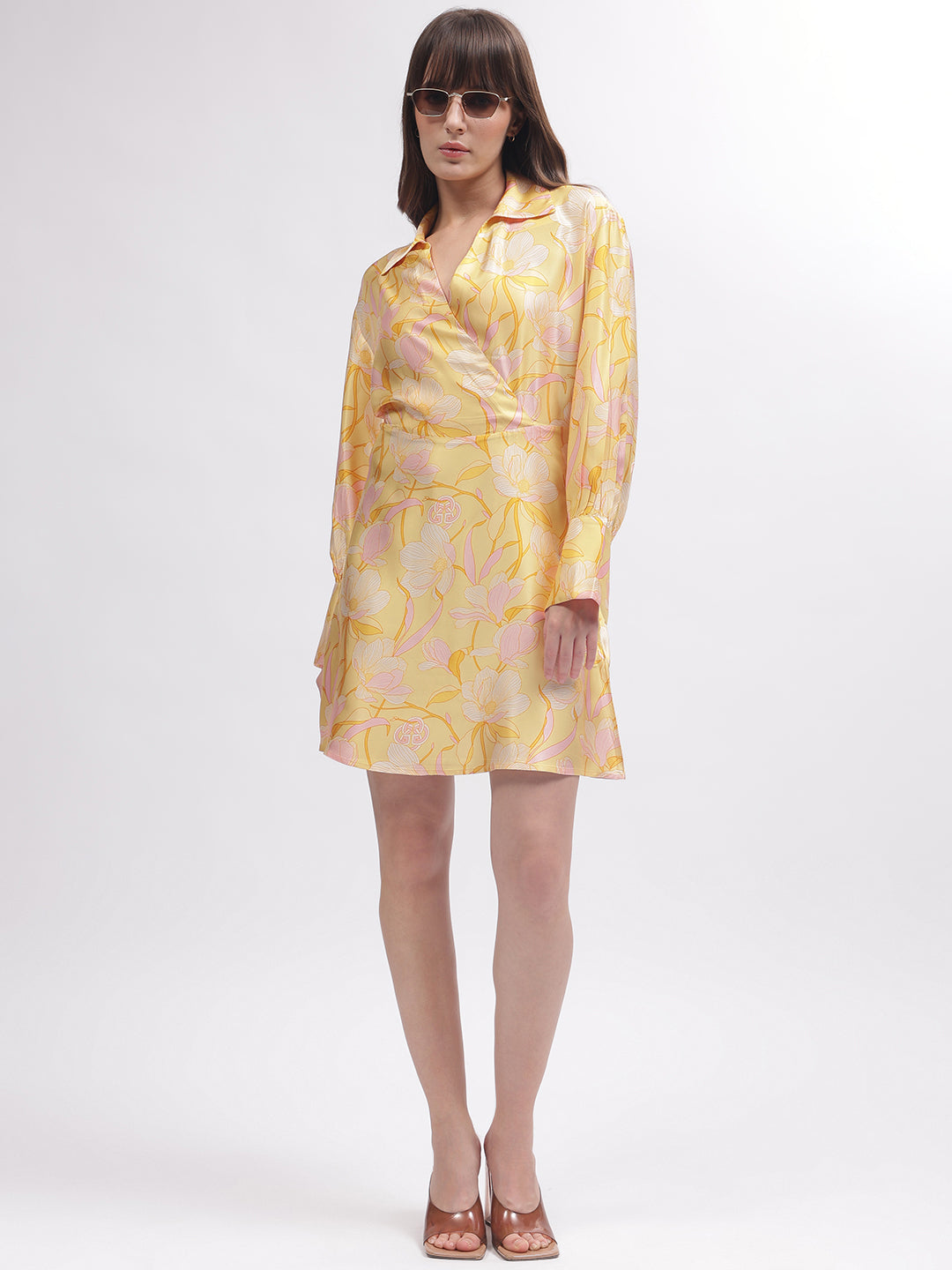 Gant Women Yellow Printed Shirt Collar Full Sleeves Dress