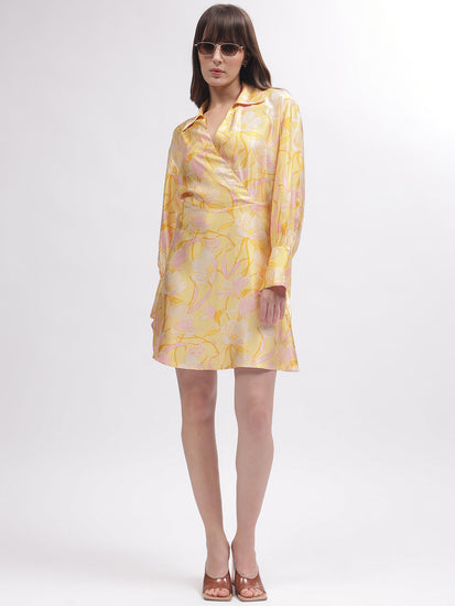 Gant Women Yellow Printed Shirt Collar Full Sleeves Dress