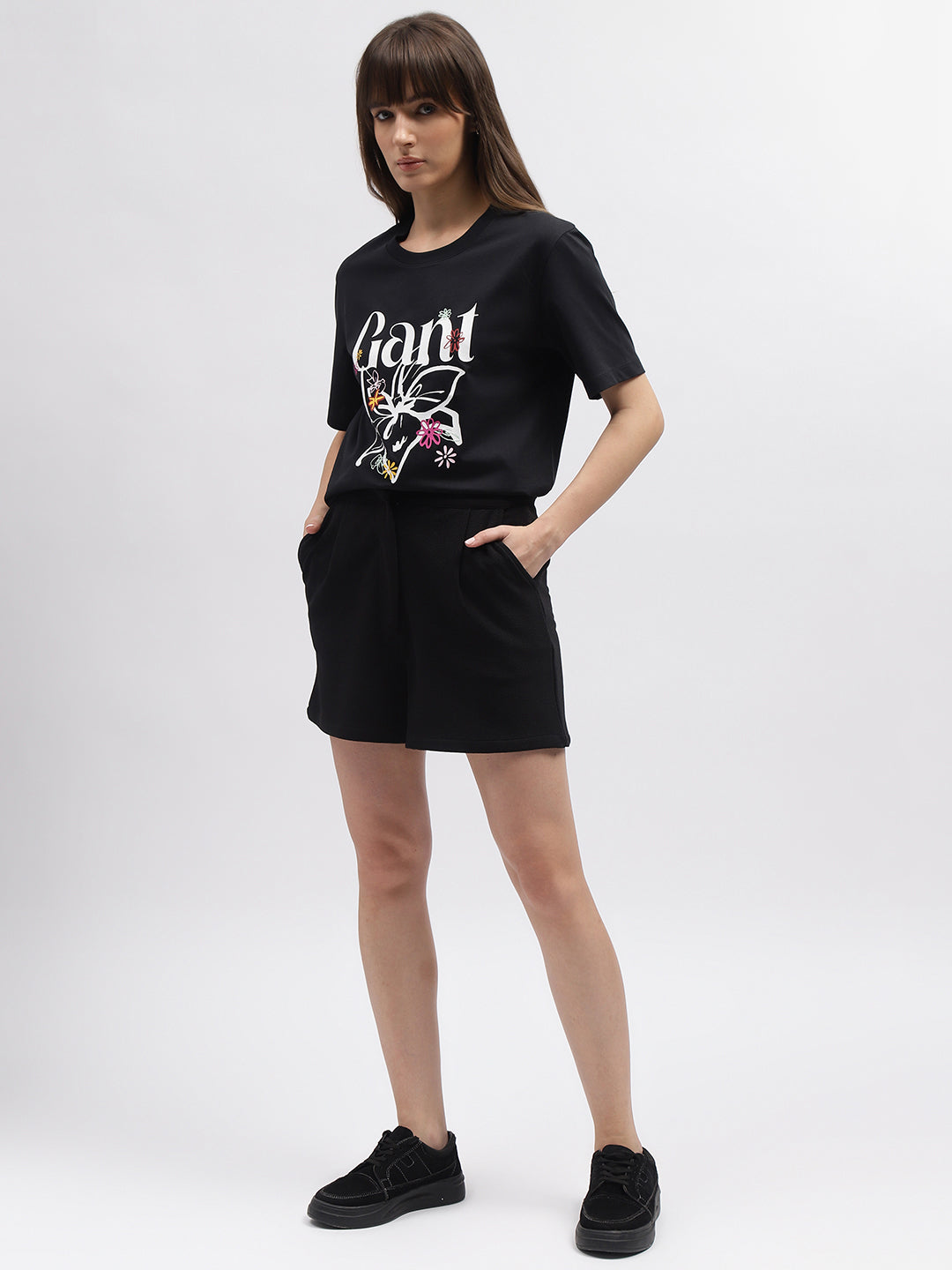 Gant Women Black Printed Round Neck Short Sleeves T-Shirt